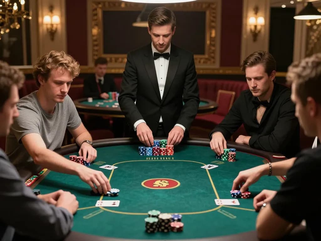 Players strategizing in a high-stakes poker game at Hbet, displaying excitement and competition.