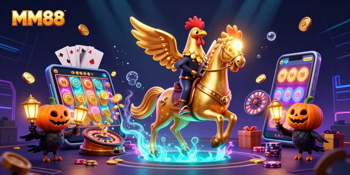 Experience MM88's thrilling casino adventures with headless horseman and golden rooster characters amidst captivating gaming visuals.