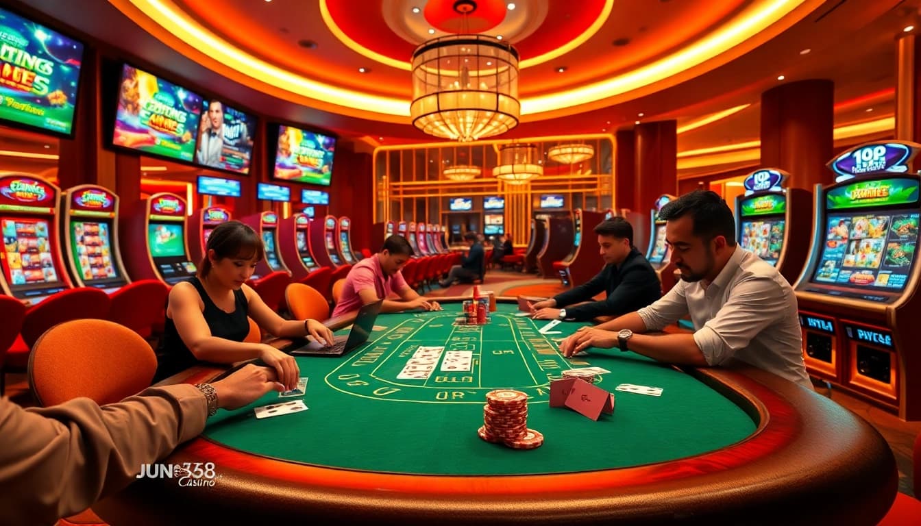 Players enjoying the excitement of online gambling at jun 88 with vibrant casino elements.
