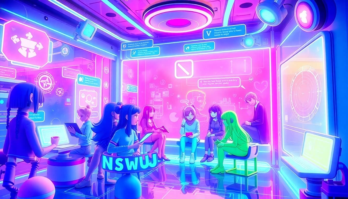 Vibrant digital scene of NSFW AI interactions showcasing diverse characters in a lively virtual space.