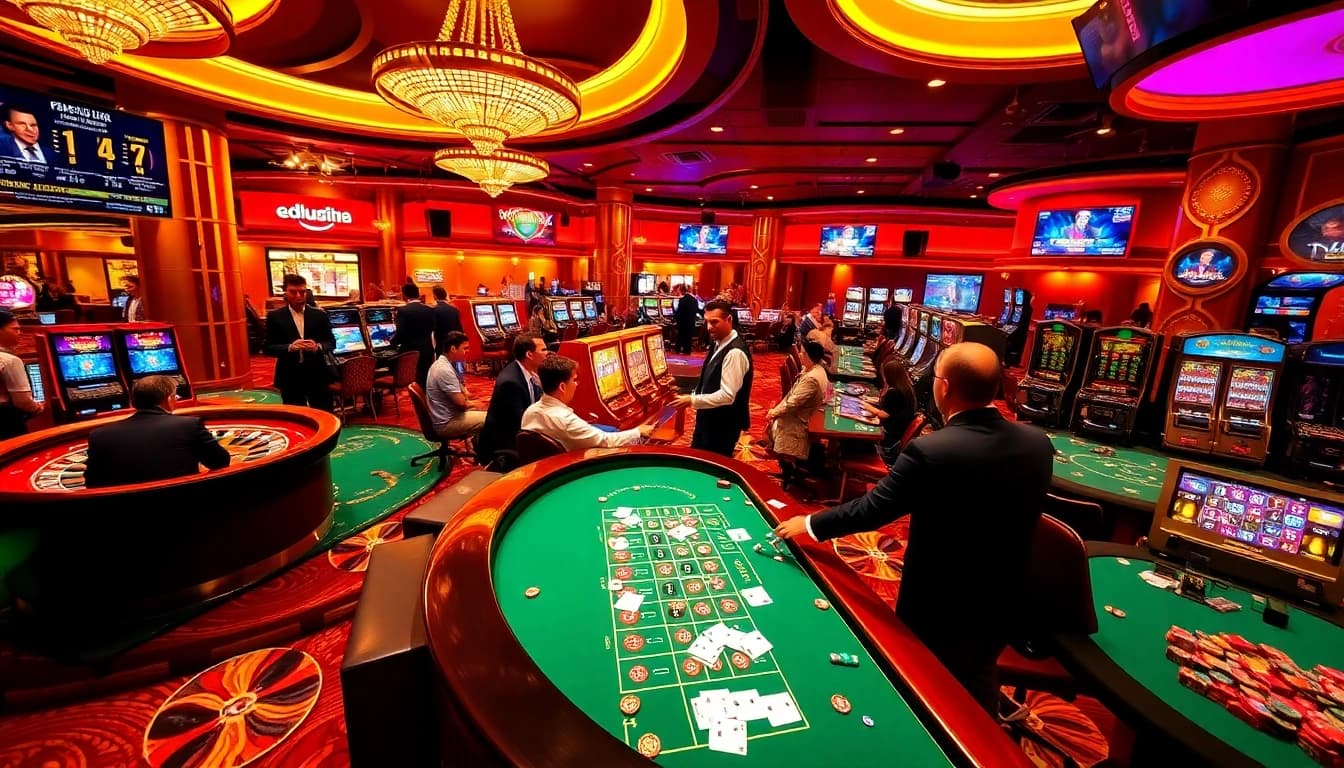 Exciting casino scene showcasing the vibrant atmosphere at https://du88i.com/ with roulette, poker, and slot machines.