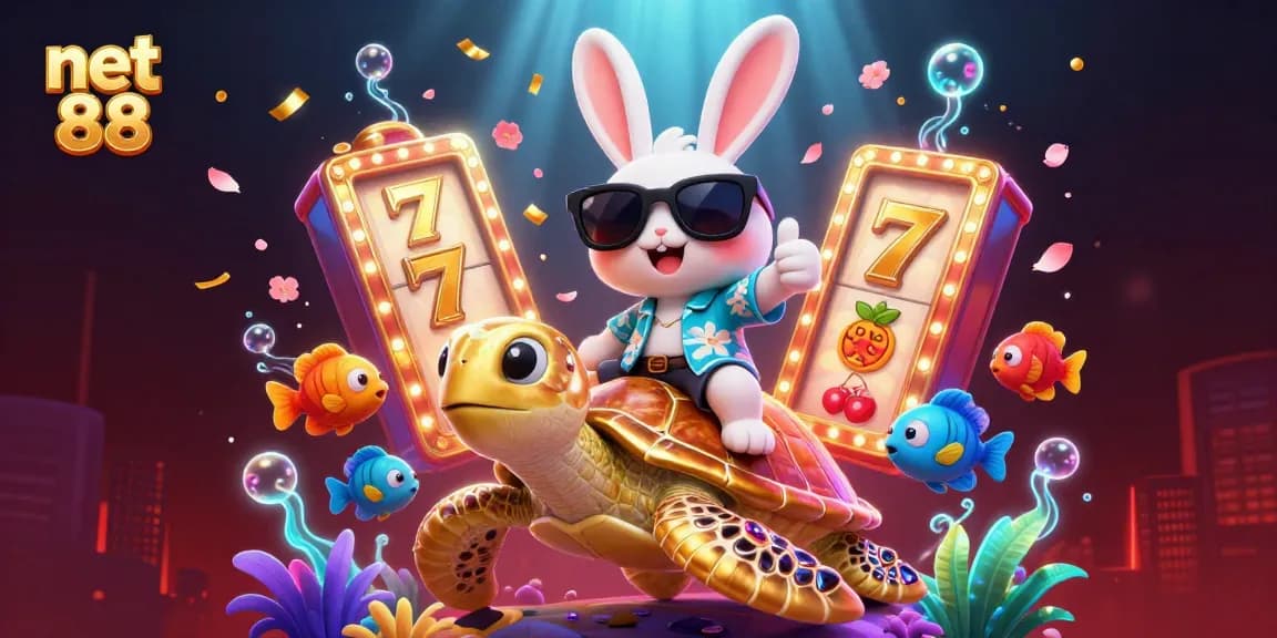 Experience the excitement of net 88 with a lively 3D casino illustration featuring a lucky rabbit and golden sea turtle.