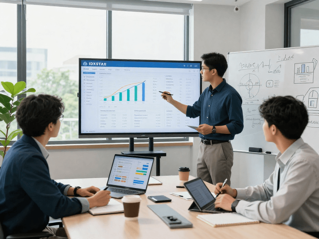 Collaboration in real estate marketing with IDXSTAR analytics in a modern office.