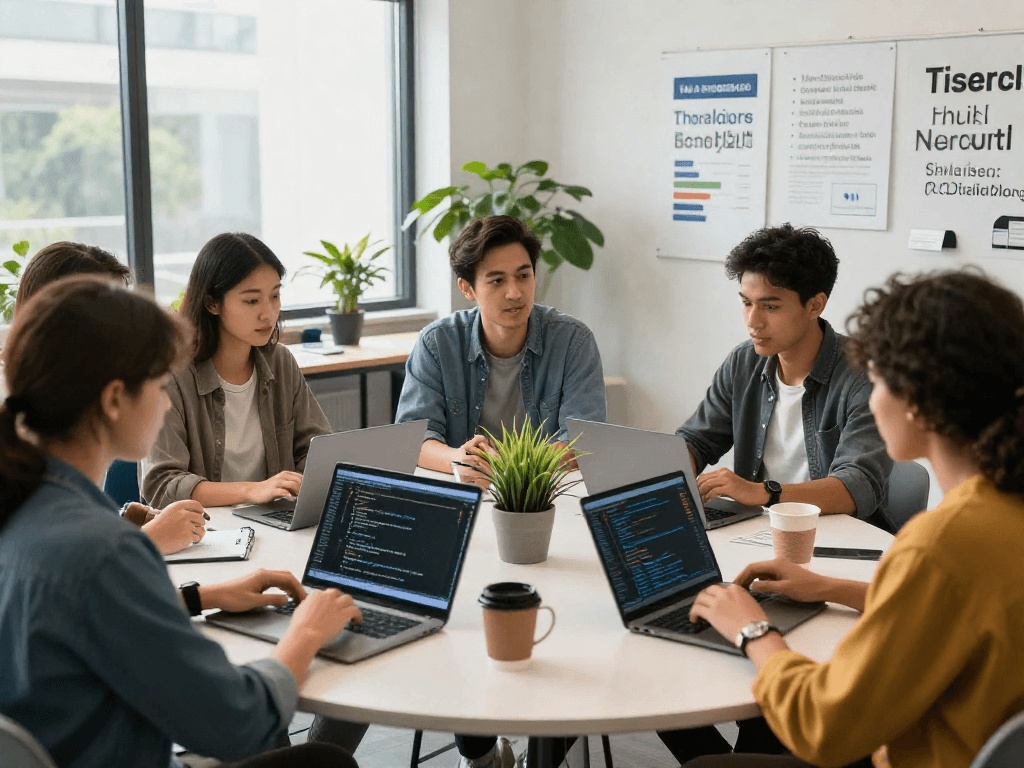 Team collaborating on AI project, keyword ai slut evident in innovative tech workspace.