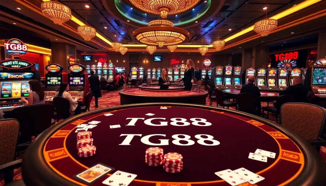 Experience the excitement of TG88 with players at a vibrant casino table, surrounded by poker chips and colorful slot machines.