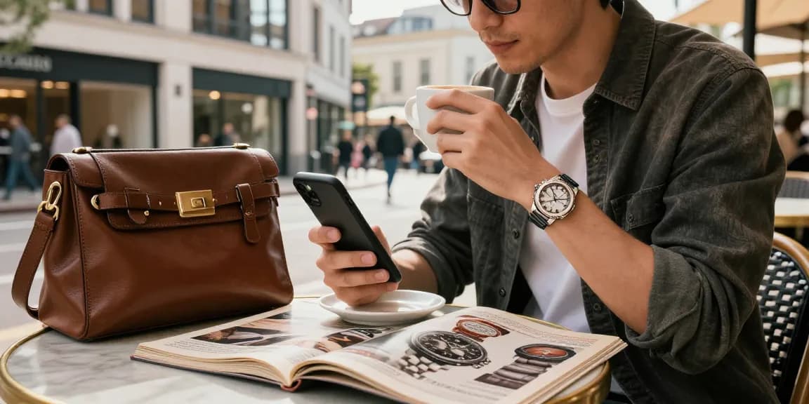 Stylish individual with a replica watch in a trendy café setting, capturing urban elegance.