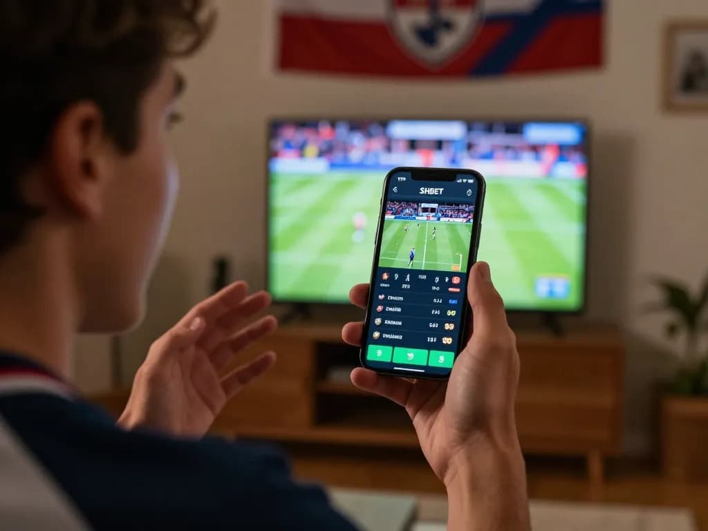 Engaged player using the SHBET mobile app to place live sports bets during a game.