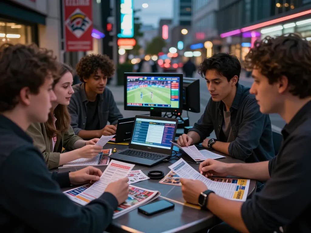 Friends excitedly discussing keonhacai sports betting strategies in urban nightlife.