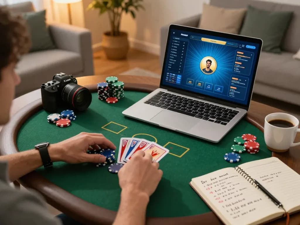 Players strategize during an online poker game at home using TR88, highlighting chips and cards.