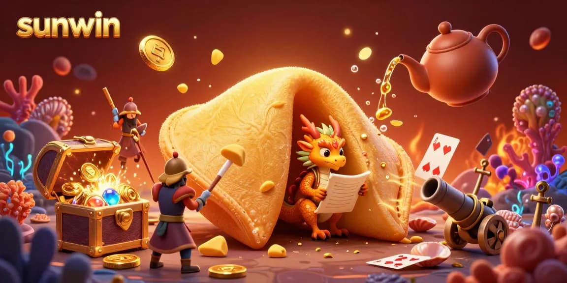 Engage in thrilling gaming at Sunwin with a magical 3D illustration featuring a dragon, treasure, and casino elements.