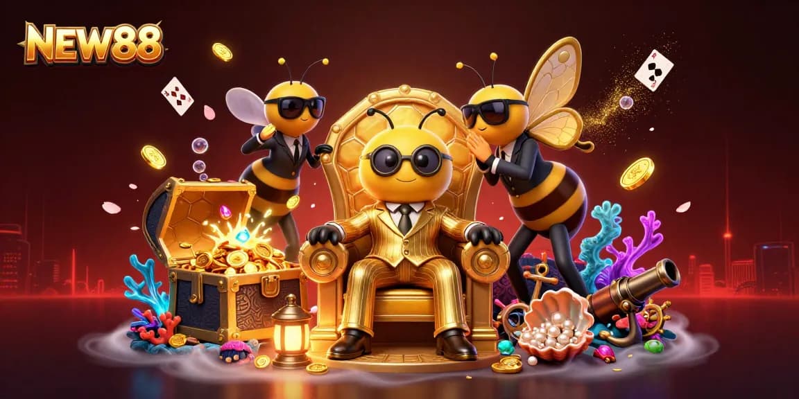 Experience the vibrant world of NEW88 with a thrilling 3D casino scene featuring animated characters and game elements.
