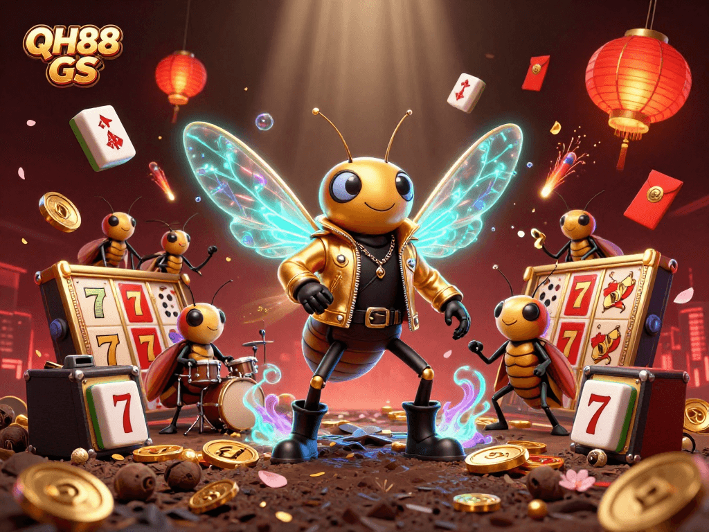 Engage in winning strategies with QH88 GS through a vibrant 3D illustration of a rock star cicada and casino games.