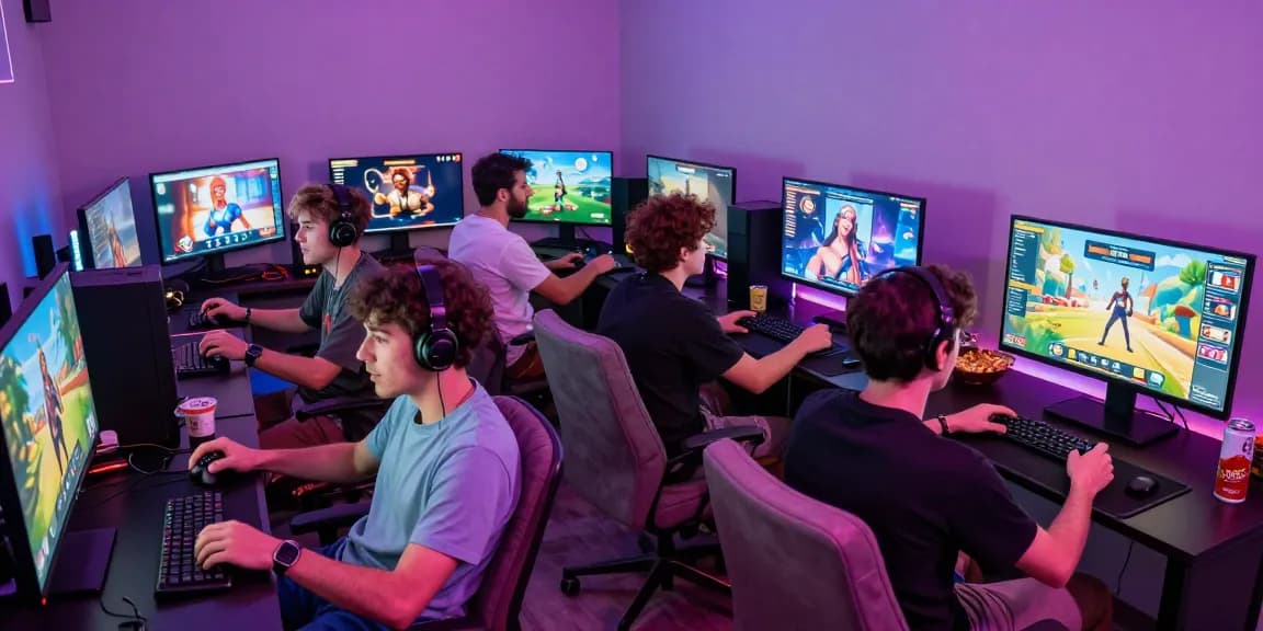 Players enjoying multiple porn games online in a colorful, inviting gaming room