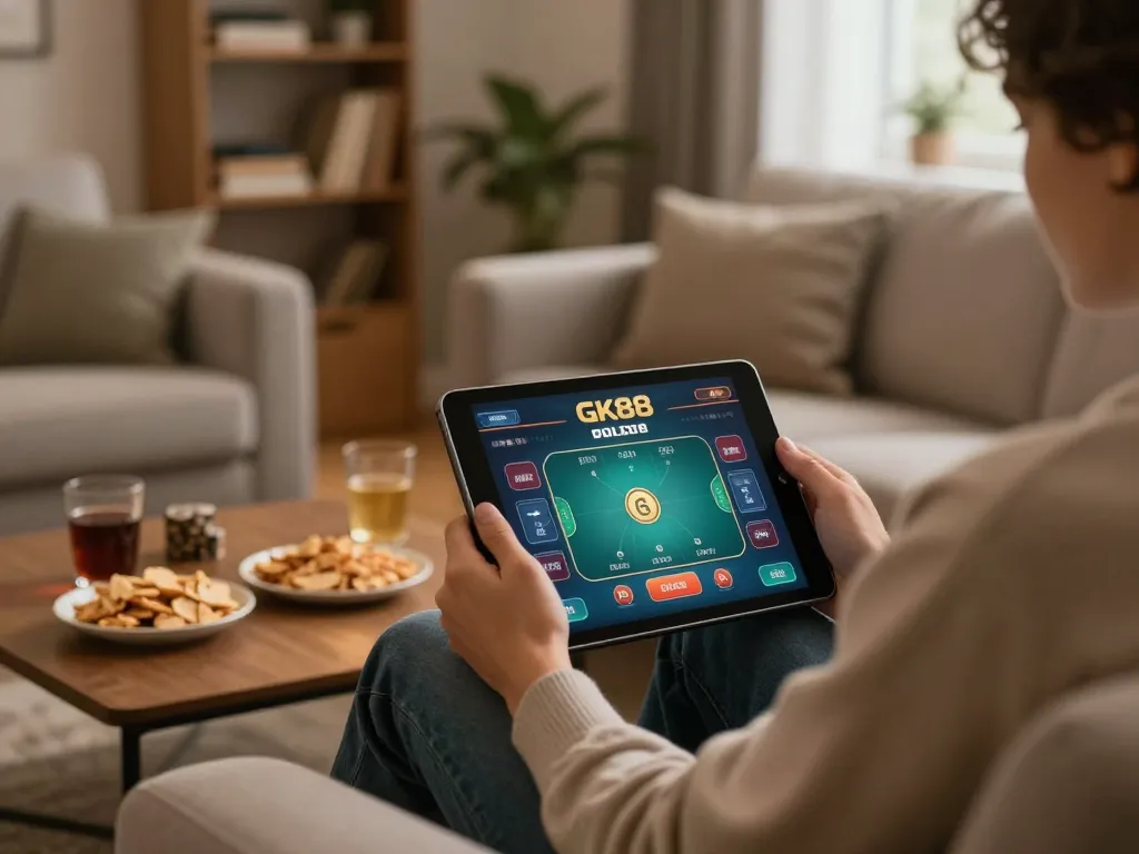 Engaged user plays poker on GK88 app in a cozy living room.