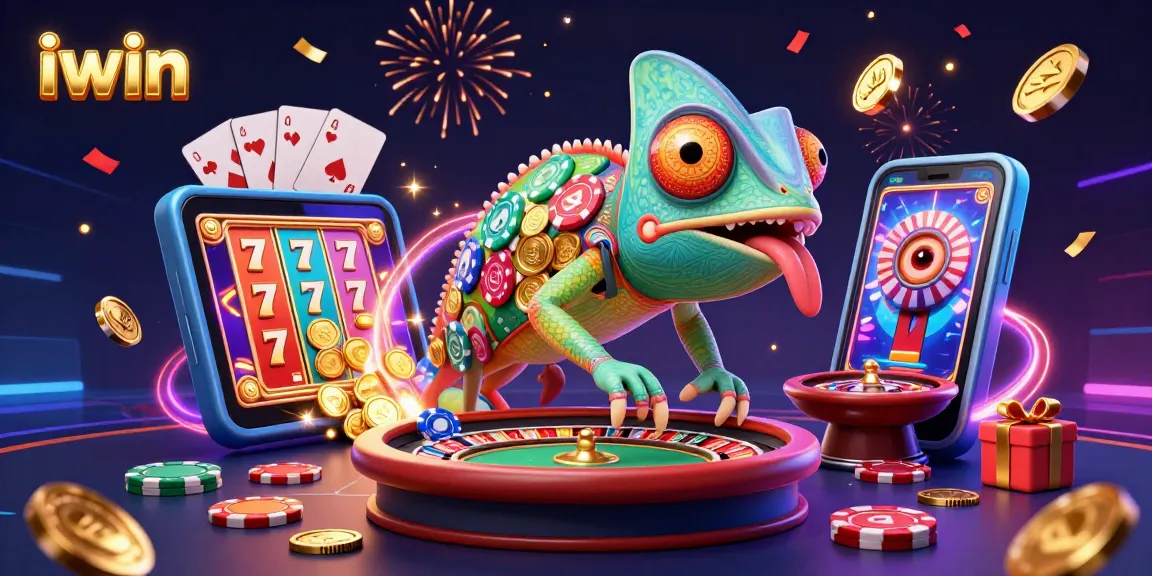 Play exciting games at iwin featuring a chameleon casino owner surrounded by dynamic gambling elements.