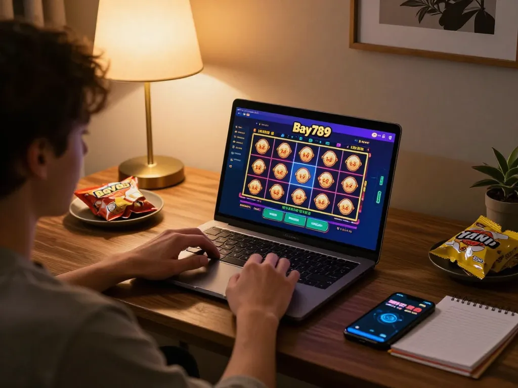 Player enjoying Bay789 casino slots on a laptop in a cozy home setting, highlighting online gambling