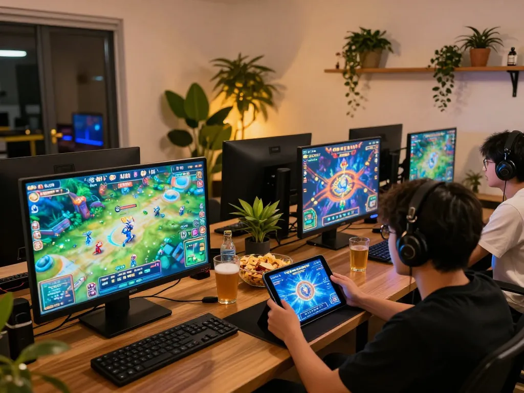 Engaging in bắn cá đổi thưởng online gaming in a cozy home setting, showcasing vibrant game interface