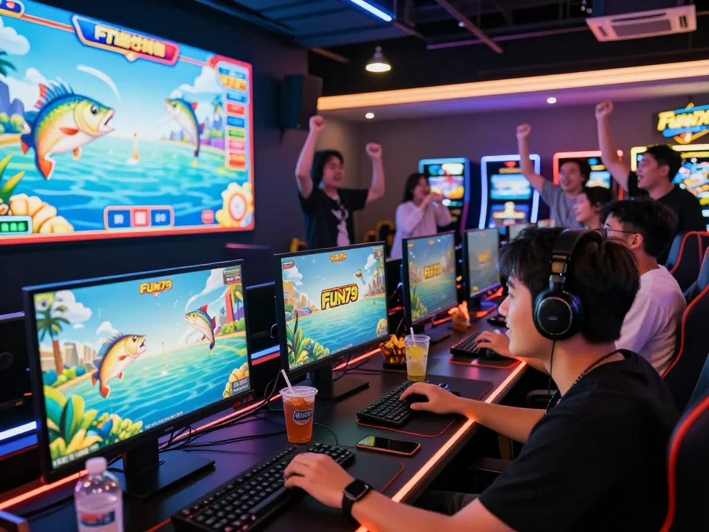 Exciting gaming moment at Fun79 featuring friends enjoying fishing-themed games.