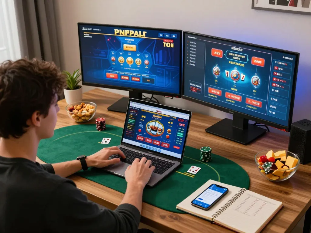 iwinclub player engaged in poker at home with strategic notes and gaming devices.