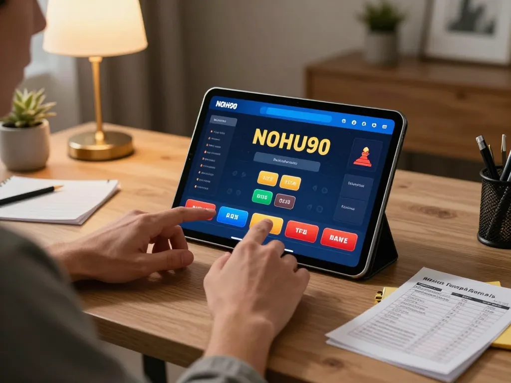 Engaged player using the NOHU90 app for strategic online gambling in a modern home office.