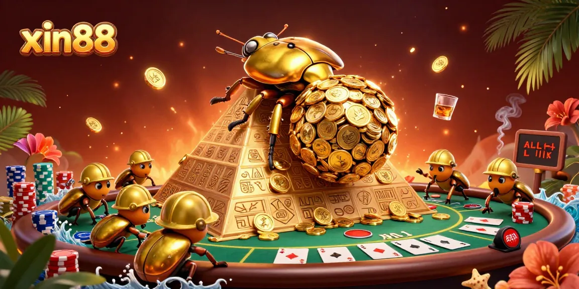 Win big with xin88 while enjoying 3D cartoon beetles in a golden coin casino scene.