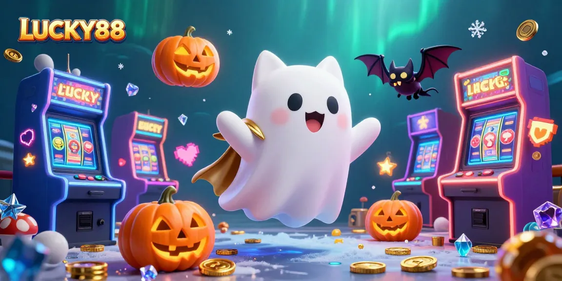 Experience the exciting world of LUCKY88 with a ghost cat and vampire bat in a vibrant casino!