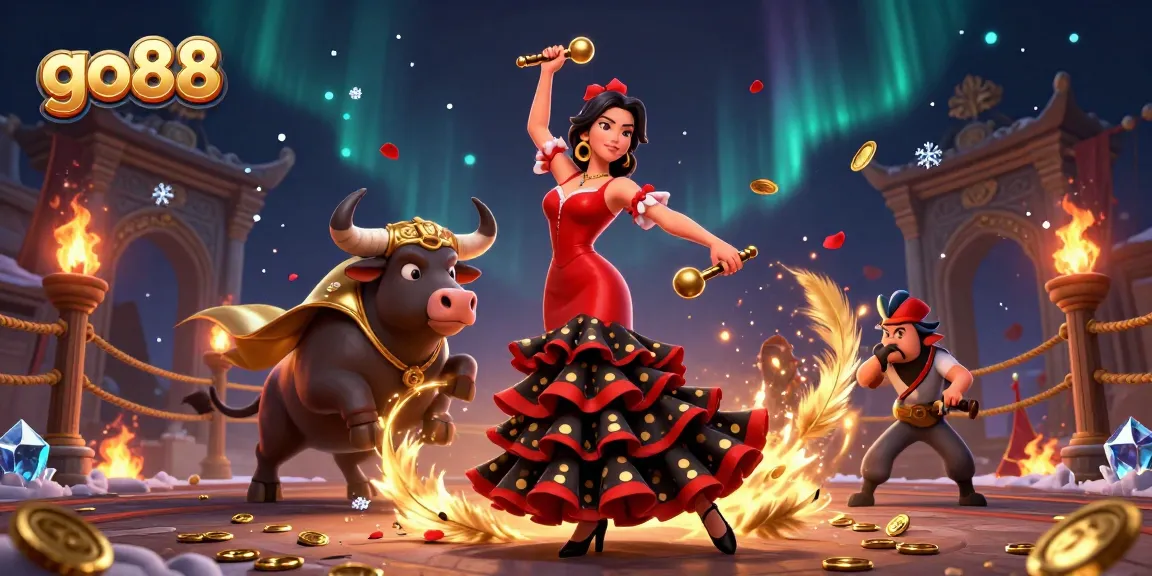 Win at go88 with vibrant casino action featuring a flamenco dancer and a cartoon bull.