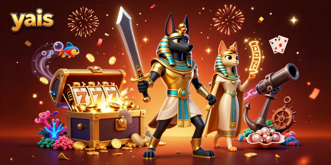 yais showcases a dynamic casino scene with Anubis and Bastet amidst slot reels and treasure.