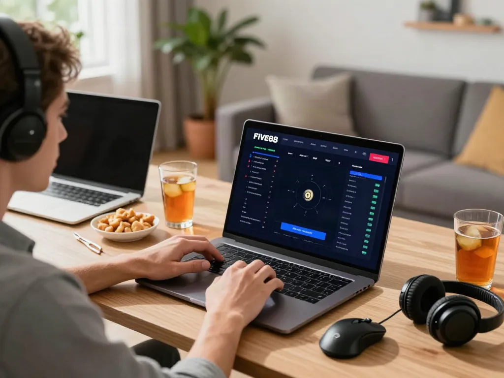 User engaging with FIVE88 online betting platform in a cozy living room.