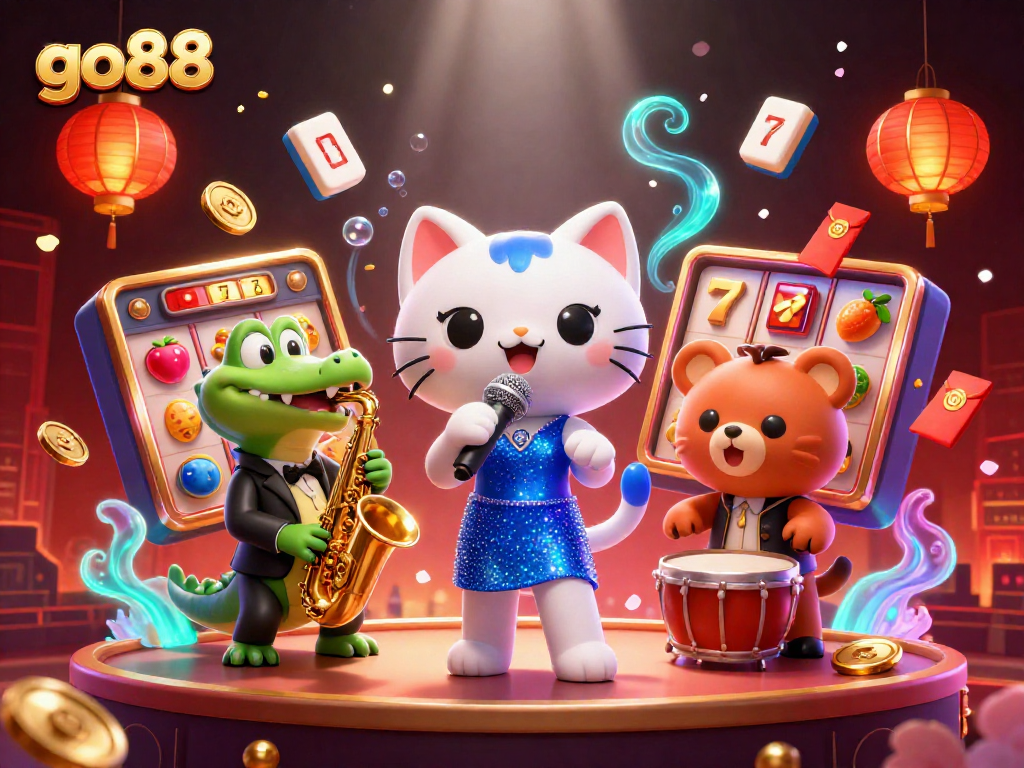 Engage with go88's vibrant casino experience featuring a lively jazz-singer cat and dynamic game elements.