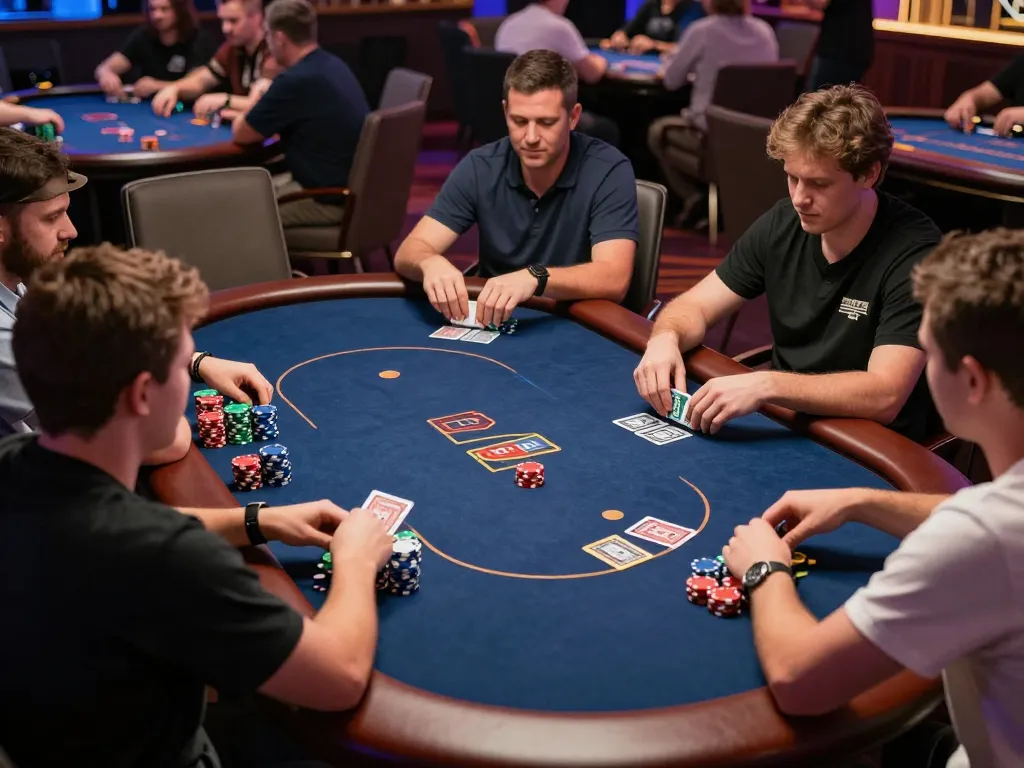 Players engaged at a poker table during an exciting game at Trang chủ Red88, showcasing vibrant casino atmosphere.