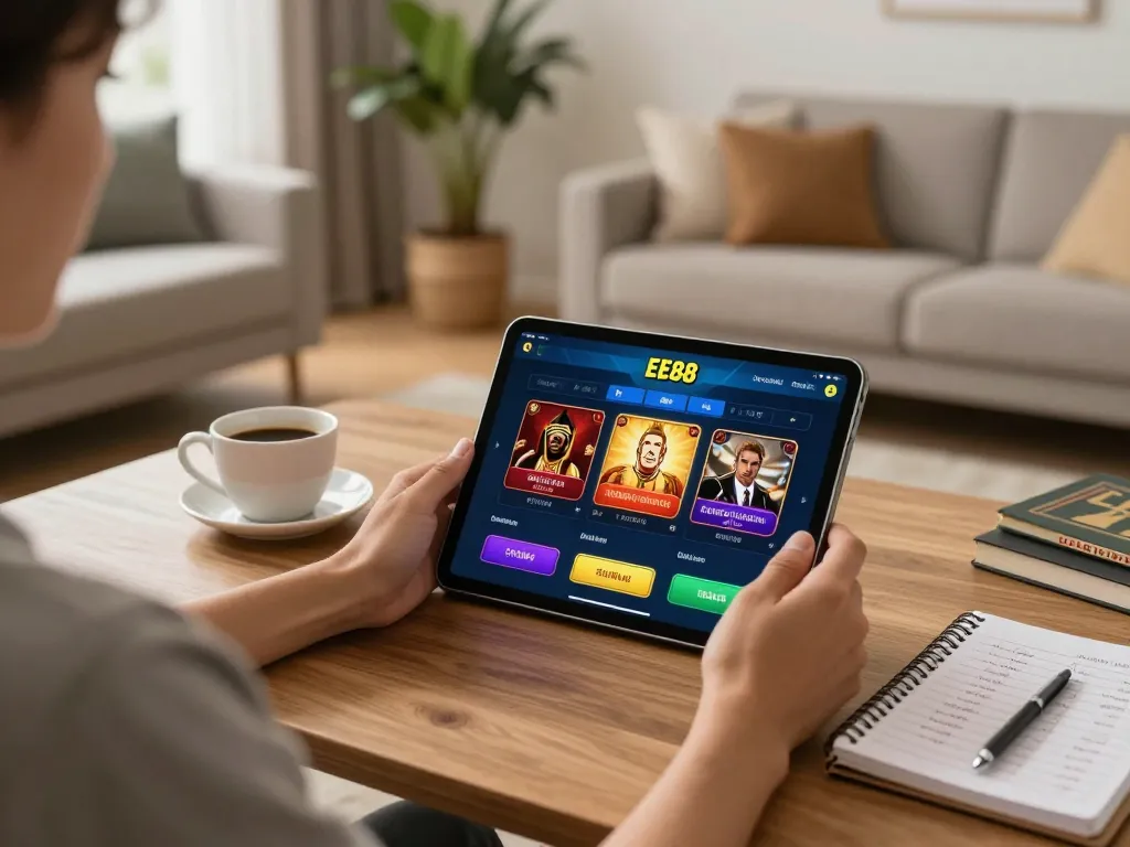 Player engaged with the EE88 casino app on a tablet during a cozy home gaming session.