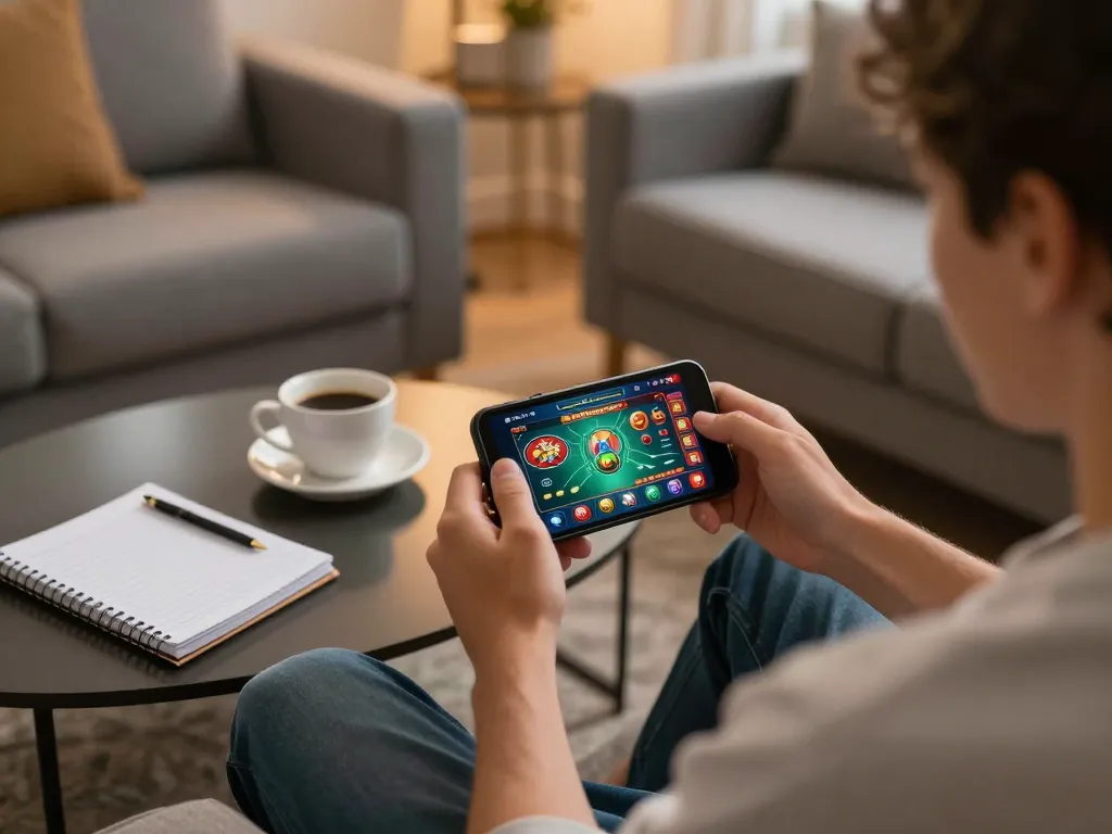 Enjoy dynamic gaming action with hay88x on a smartphone in a cozy home setting