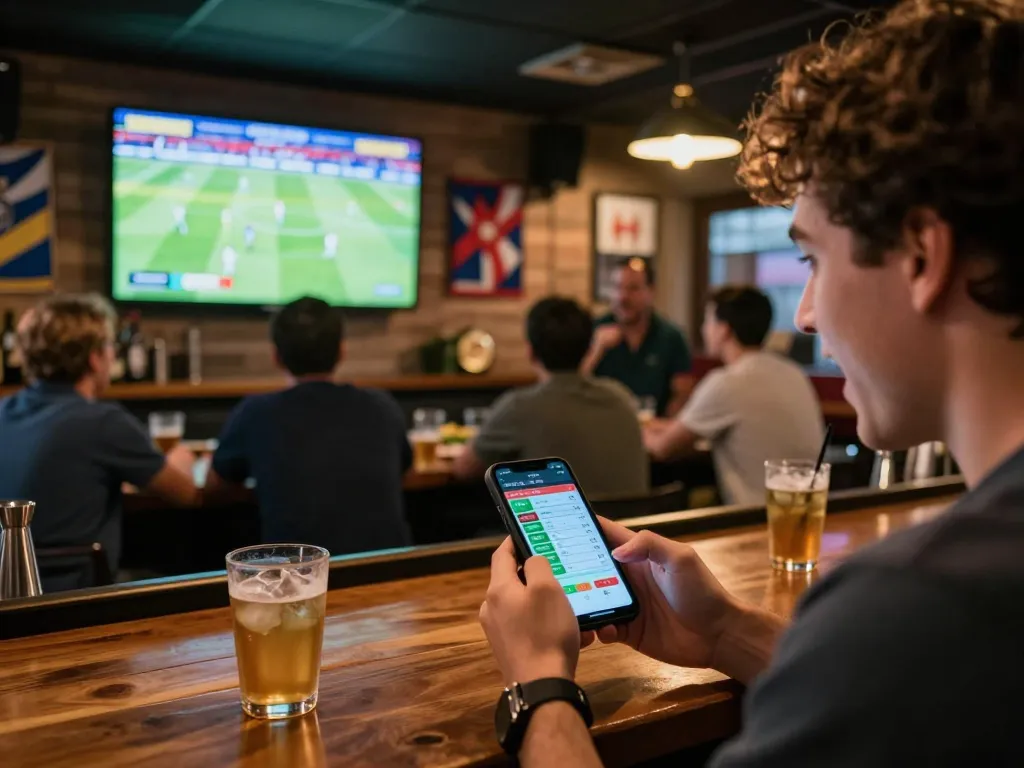 Engaging with the bong88 betting app on a smartphone while enjoying live sports in a vibrant environment.