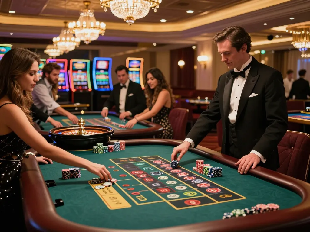 Place bets at https://ga88bet.com/ roulette tables in a luxury casino setting, featuring players and a dealer.
