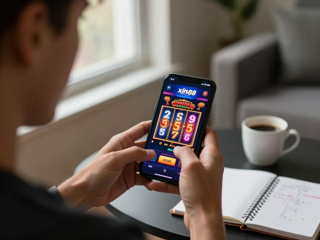 Player exploring xin88's mobile slot games while enjoying a cozy home environment