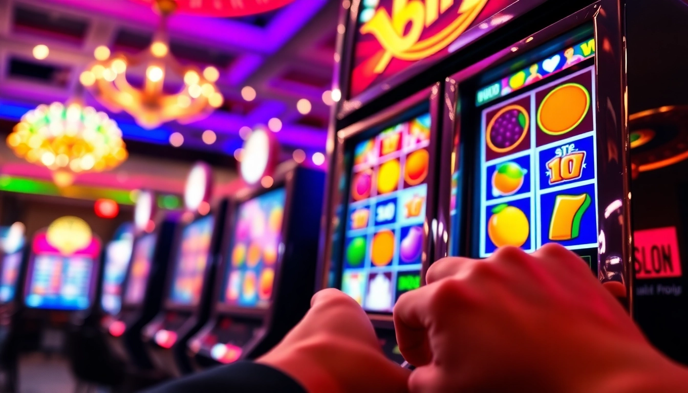 Slot gacor pada mesin slot di kasino dengan latar belakang lampu yang cerah.