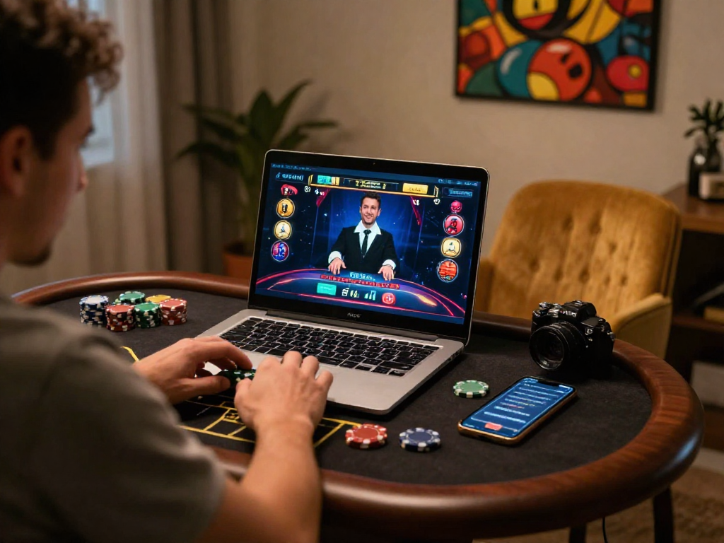 Engaged player at KOMBET168 online blackjack table with chips and laptop in cozy home office.