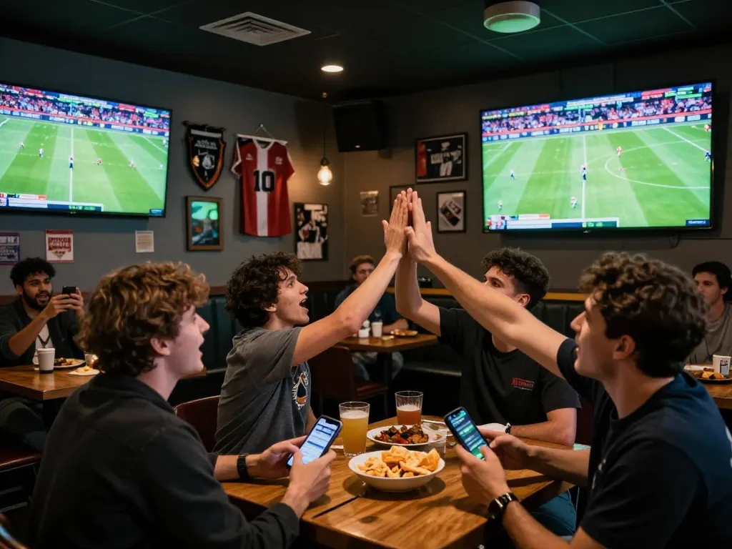 Fans engaging with vsc10 while placing live bets during a football match in a social sports bar setting