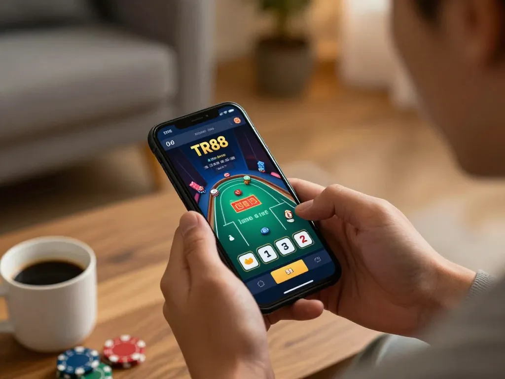 Player engaging with TR88 app for live poker game on smartphone in a cozy home setting