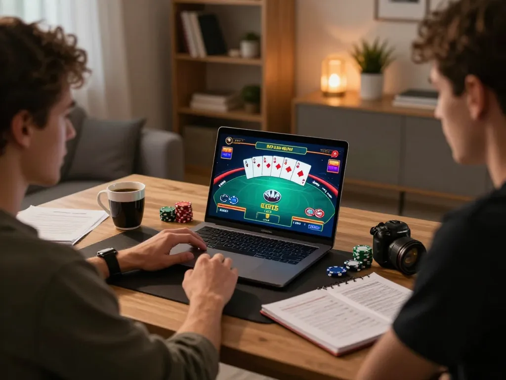 Luck8 poker game interface on a laptop showing user engaged in online gaming with strategic notes.