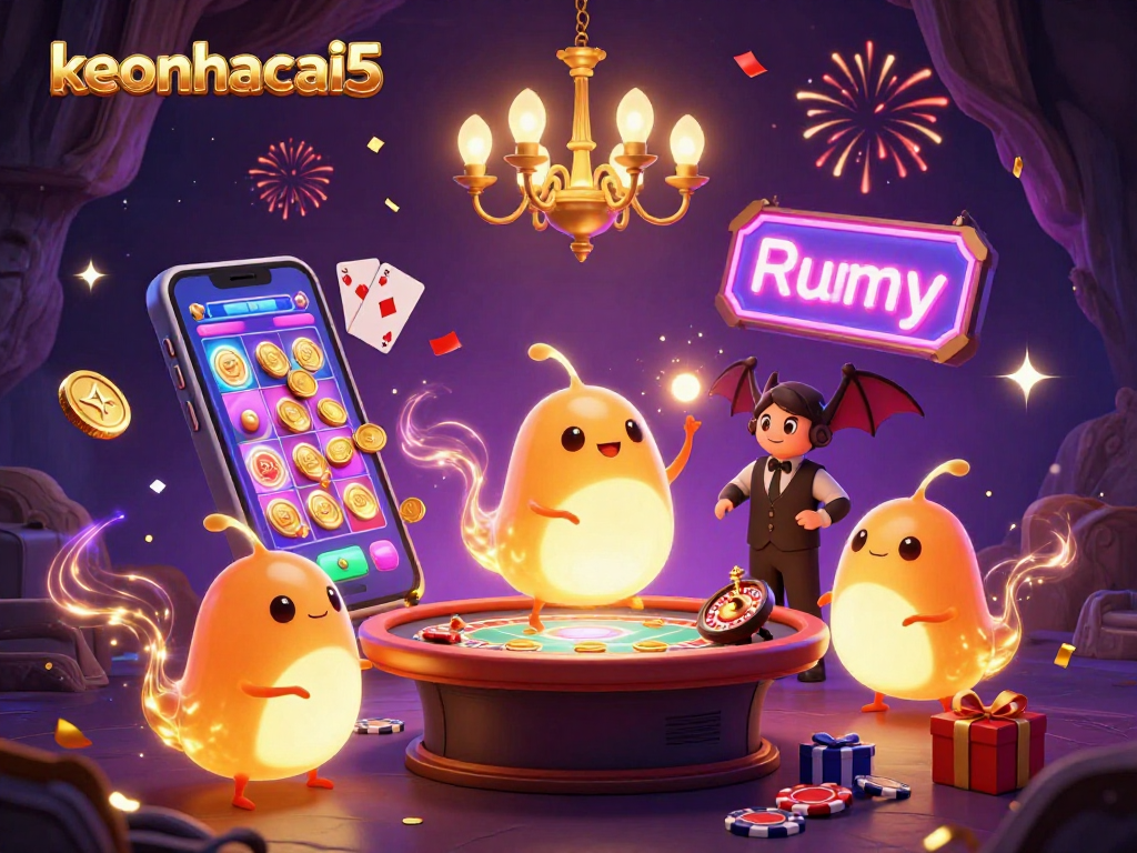 Experience thrill with keonhacai5 as glowworms illuminate a cave casino with vibrant games and celebrations.