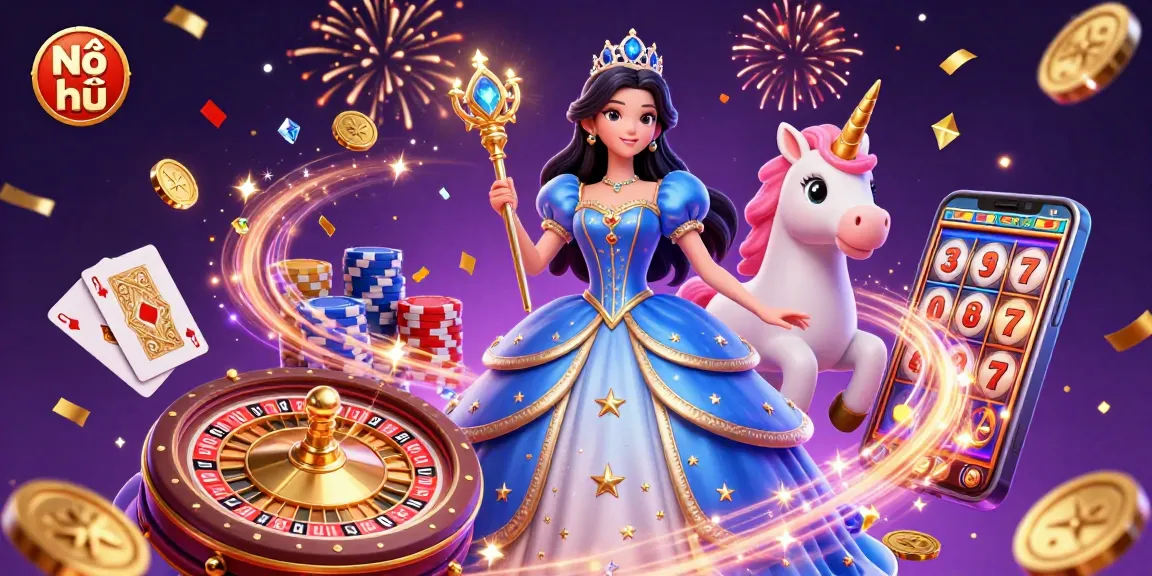 Nổ hũ game illustrating dynamic jackpots with vibrant characters, magical unicorn, and casino elements.