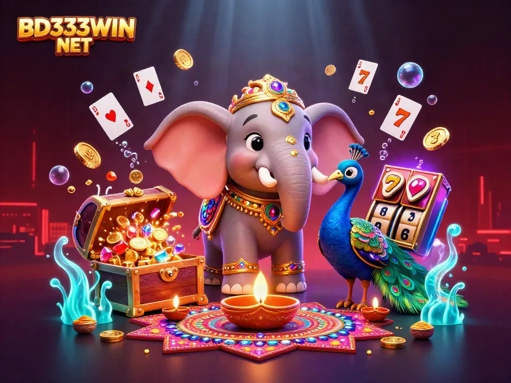 Experience thrilling games at BD333WIN NET with a vibrant casino scene featuring a festive elephant and rich decorations.
