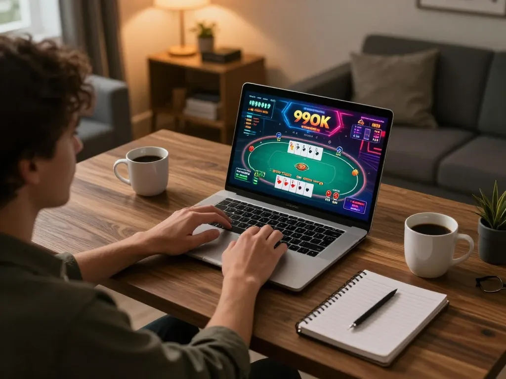 Player engaged in online gaming with 99OK platform in a cozy home office