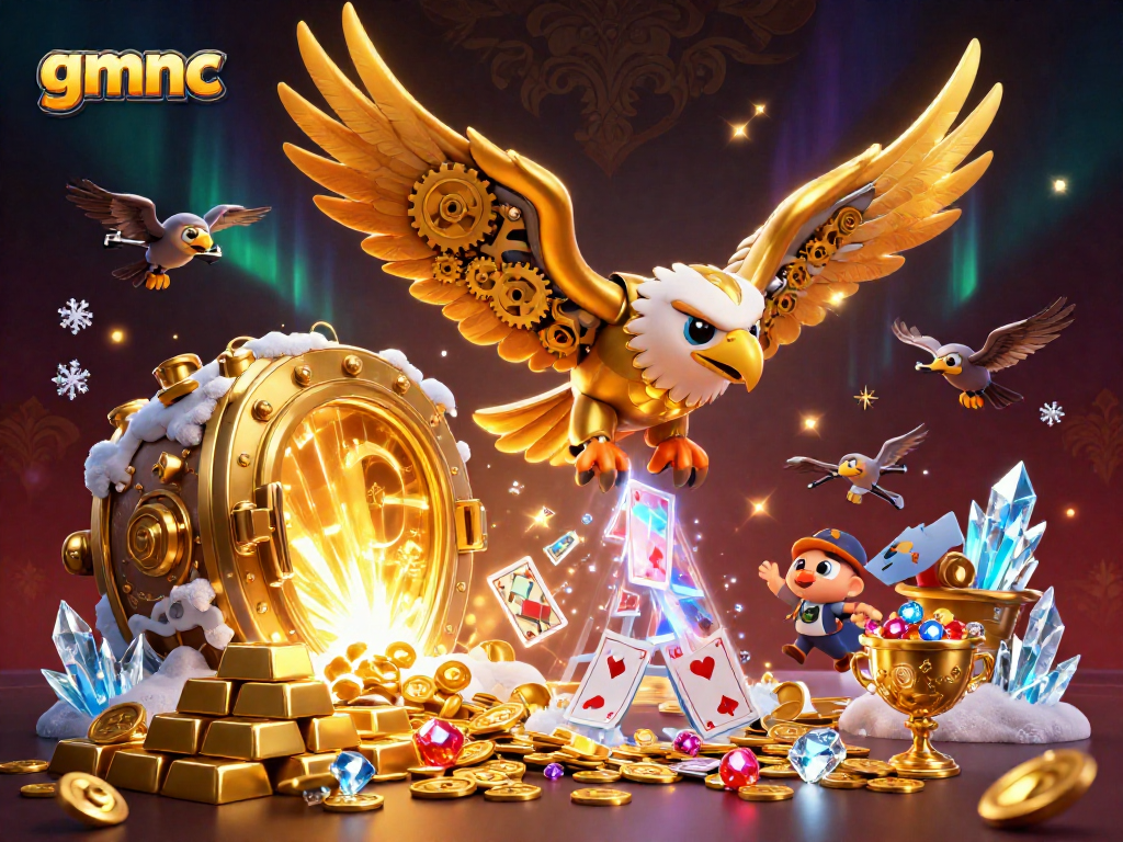 Experience thrilling gameplay with gmnc featuring a cybernetic eagle and holographic cards.