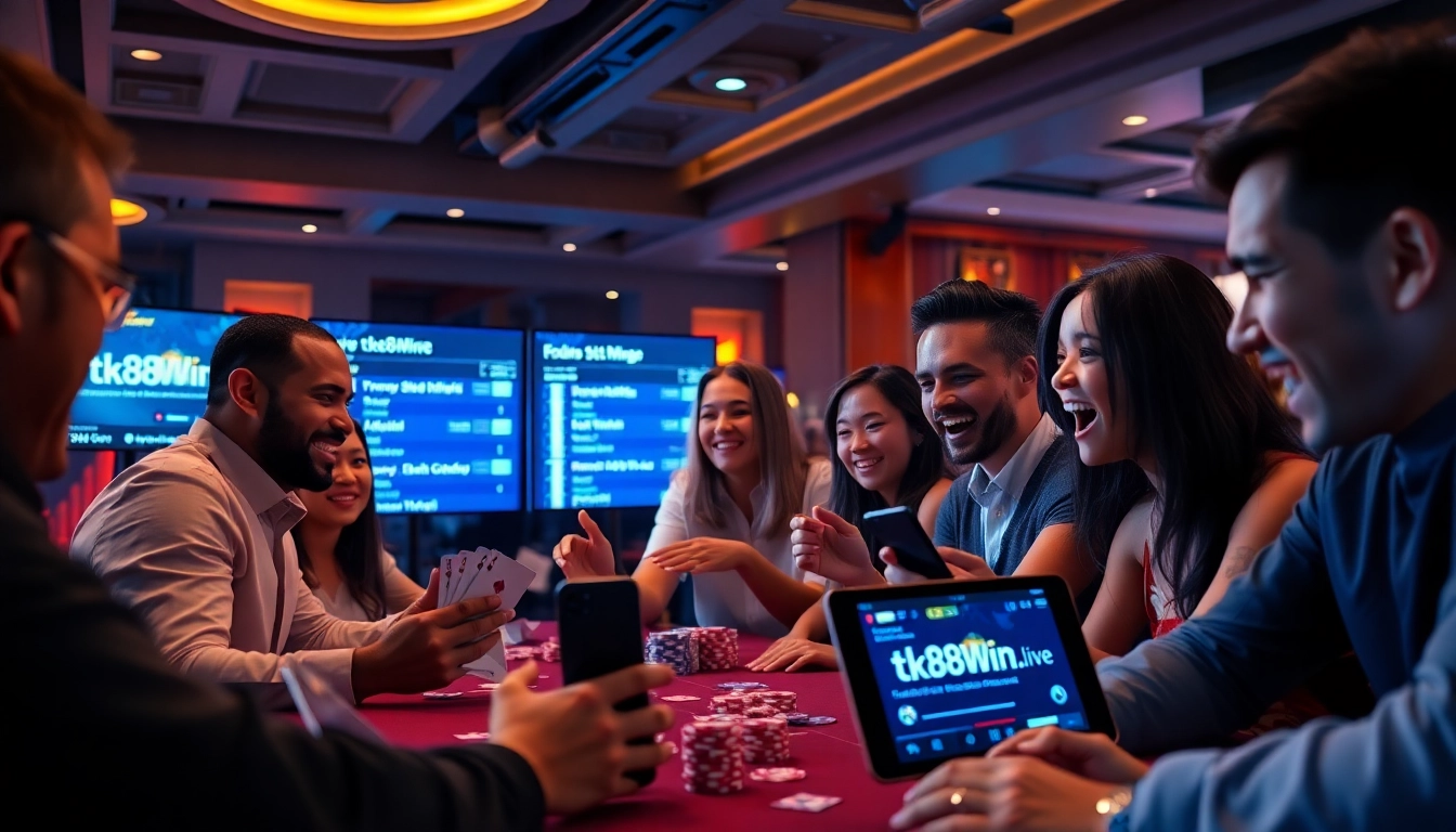 Engaging players immersed in online betting experience at tk88win.live, showcasing excitement and trust.