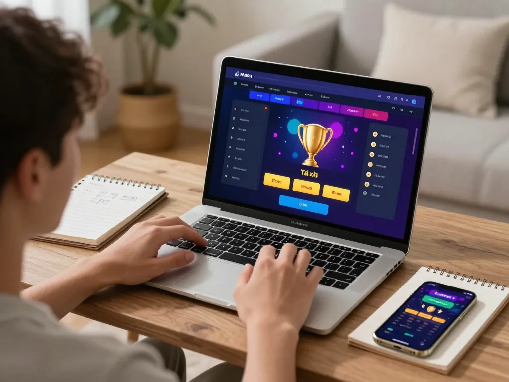 Engaging in tài xỉu online betting from a cozy home setup, showcasing a laptop with betting interface.