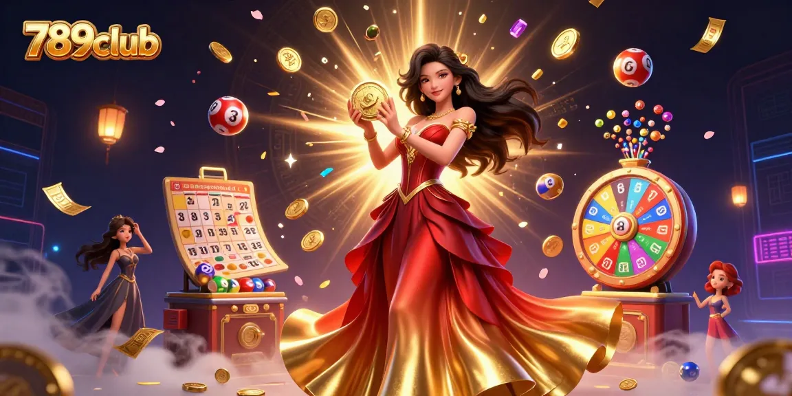 Play thrilling games at 789club, immersing in a vibrant scene of golden coins and exciting prizes.
