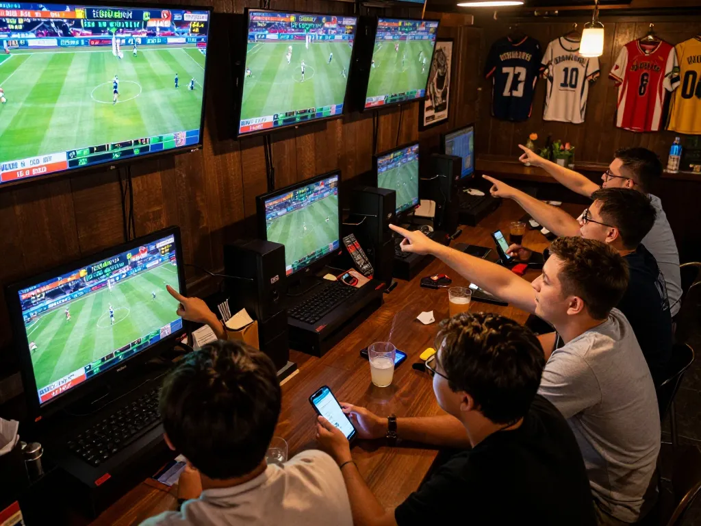 Engaged bettors analyzing kèo nhà cái odds at a sports bar with screens displaying live games.